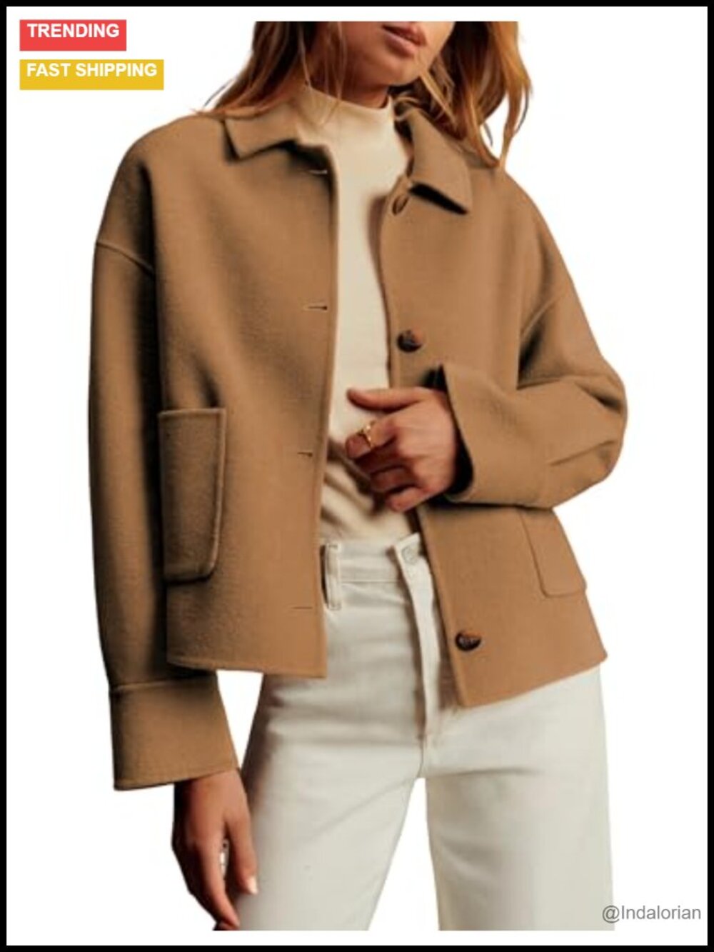 Cropped Pea Coat Boxy Fit Button Front Wool-Blend Casual Short Jacket